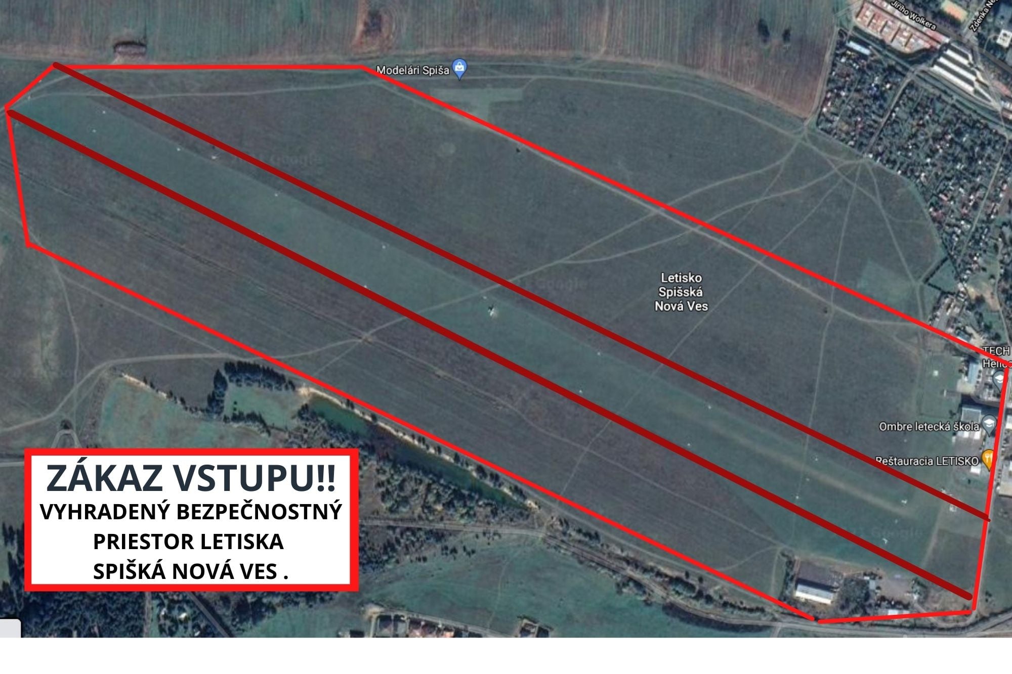 Letecká mapa letiska Spišská Nová Ves s červeno vyznačeným vyhradeným bezpečnostným priestorom a nápisom Zákaz vstupu